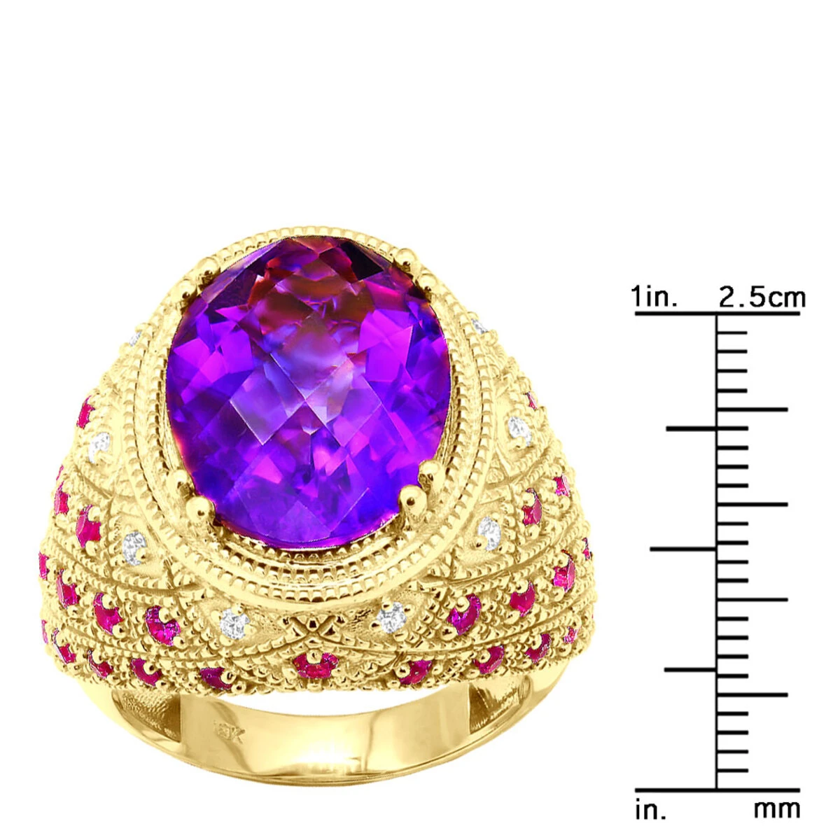 Large Amethyst Cocktail Ring With Diamonds And Pink Sapphires 18K Yellow Gold 8 Large Amethyst Cocktail Ring With Diamonds And Pink Sapphires 18K Yellow Gold - Image 8