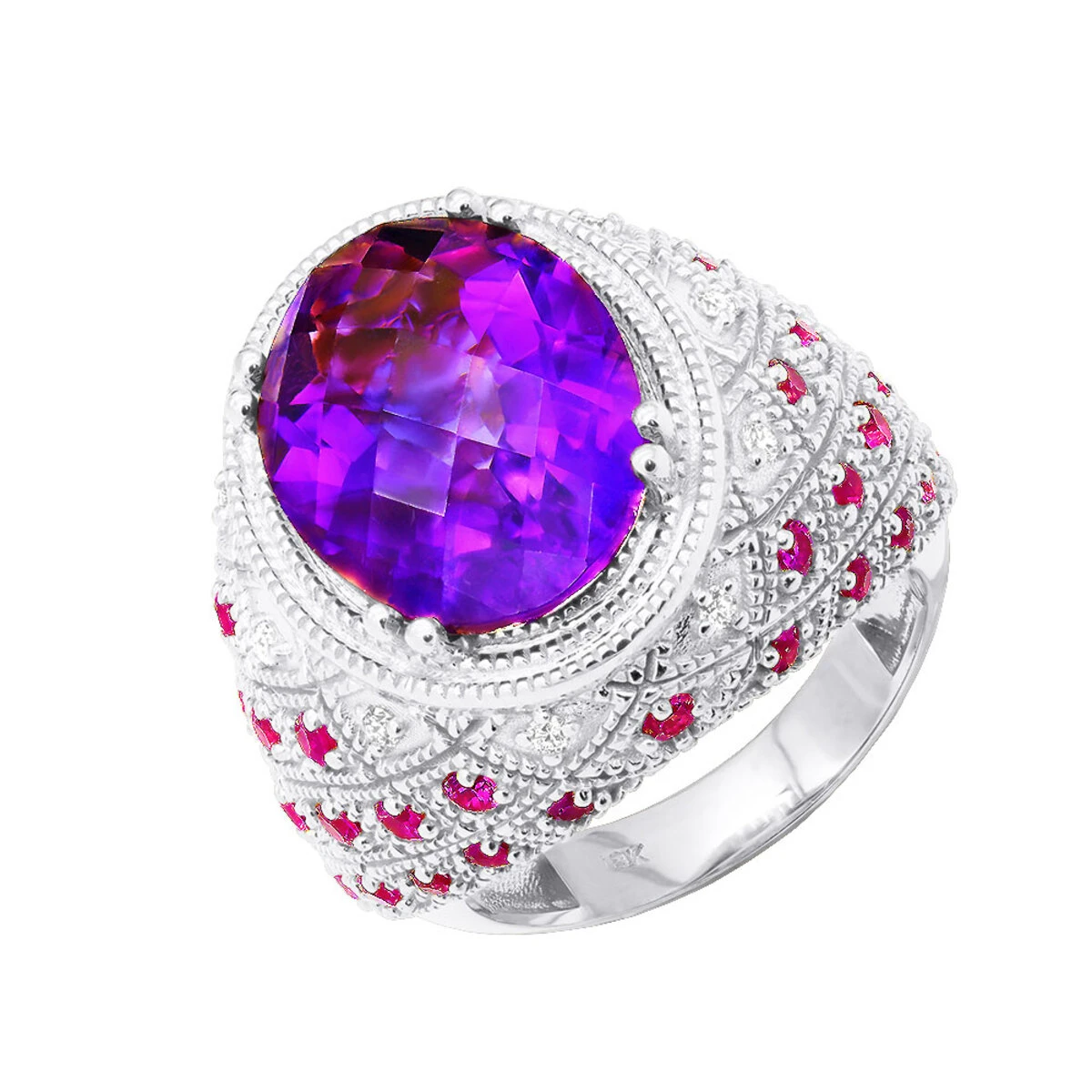Large Amethyst Cocktail Ring With Diamonds And Pink Sapphires 18K Yellow Gold 2 Large Amethyst Cocktail Ring With Diamonds And Pink Sapphires 18K Yellow Gold - Image 2
