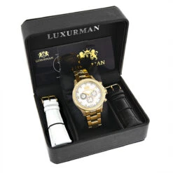 Large Diamond Bezel Watch By Luxurman 2.3ct Men's Yellow Gold Plated Liberty -Luxurman large diamond bezel watch by luxurman 23ct mens yellow gold plated liberty 4