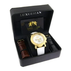 Large Luxurman Men's Watch 0.25ct Diamonds Yellow Gold Plated Escalade With Leather Bands -Luxurman large luxurman mens watch with diamonds 025ct yellow gold plated escalade 1 box
