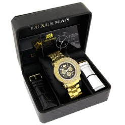 Large Luxurman Men's Watch With Diamonds 0.25ct Yellow Gold Plated W Chronograph -Luxurman large luxurman mens watch with diamonds 025ct yellow gold plated box