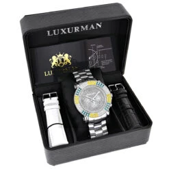 Large Men's Multicolor White Yellow Blue Diamond Watch 4ct Luxurman Escalade 8 Large Men's Multicolor White Yellow Blue Diamond Watch 4ct Luxurman Escalade -Luxurman large mens multicolor white yellow blue diamond watch 4ct luxurman escalade box