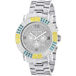 Large Men's Multicolor White Yellow Blue Diamond Watch 4ct Luxurman Escalade
