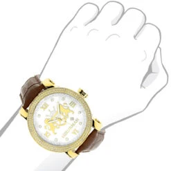 Large Yellow Gold Plated Phantom Men's Diamond Watch Luxurman Logo Face -Luxurman large yellow gold plated diamond watch for men by luxurman phantom 012ct bod