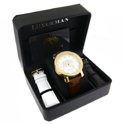 Large Yellow Gold Plated Phantom Men's Diamond Watch Luxurman Logo Face -Luxurman large yellow gold plated diamond watch for men by luxurman phantom 012ct box