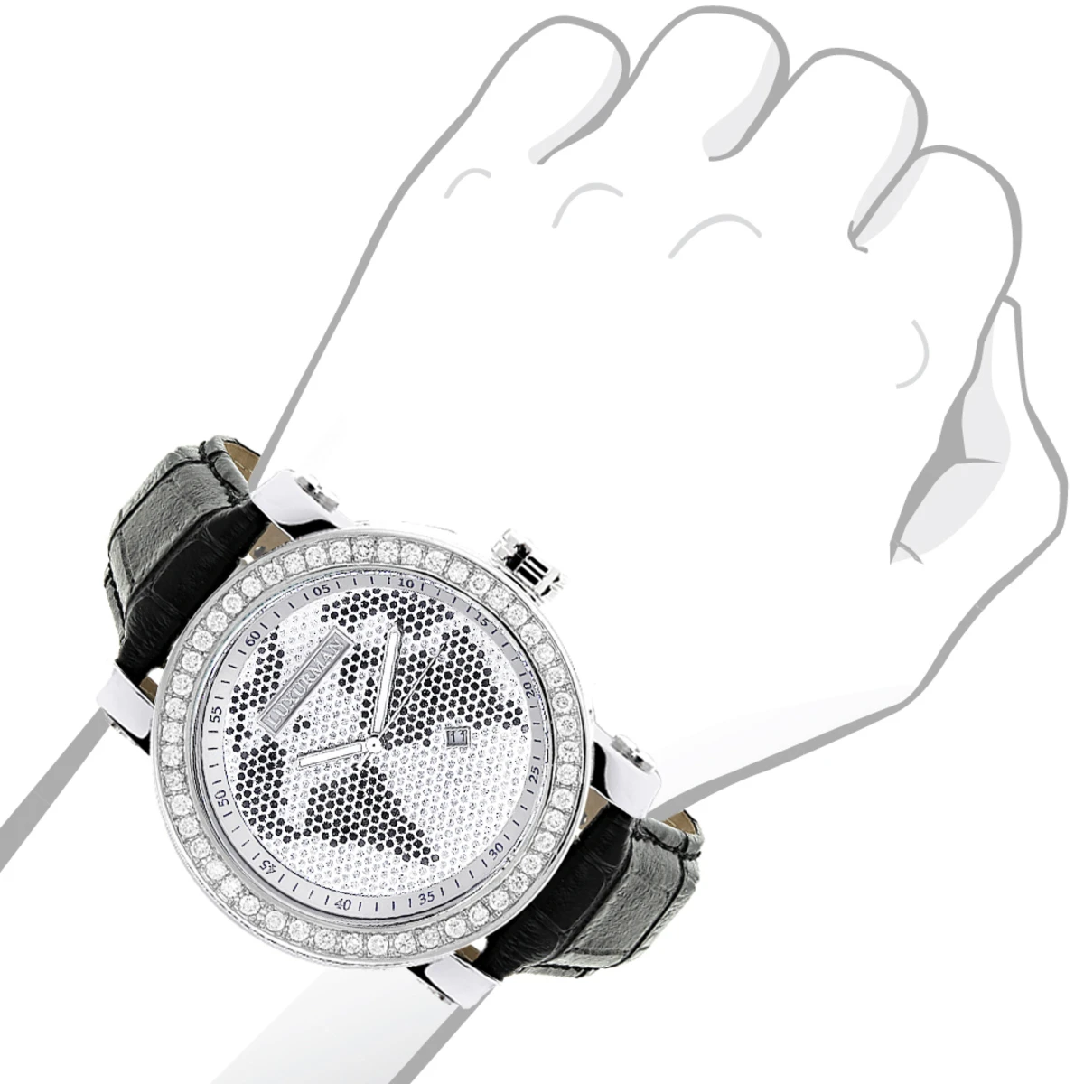 Luxurman Black&White Diamonds World Map Dial Watch With Black Leather Band 3 Luxurman Black&White Diamonds World Map Dial Watch With Black Leather Band - Image 3