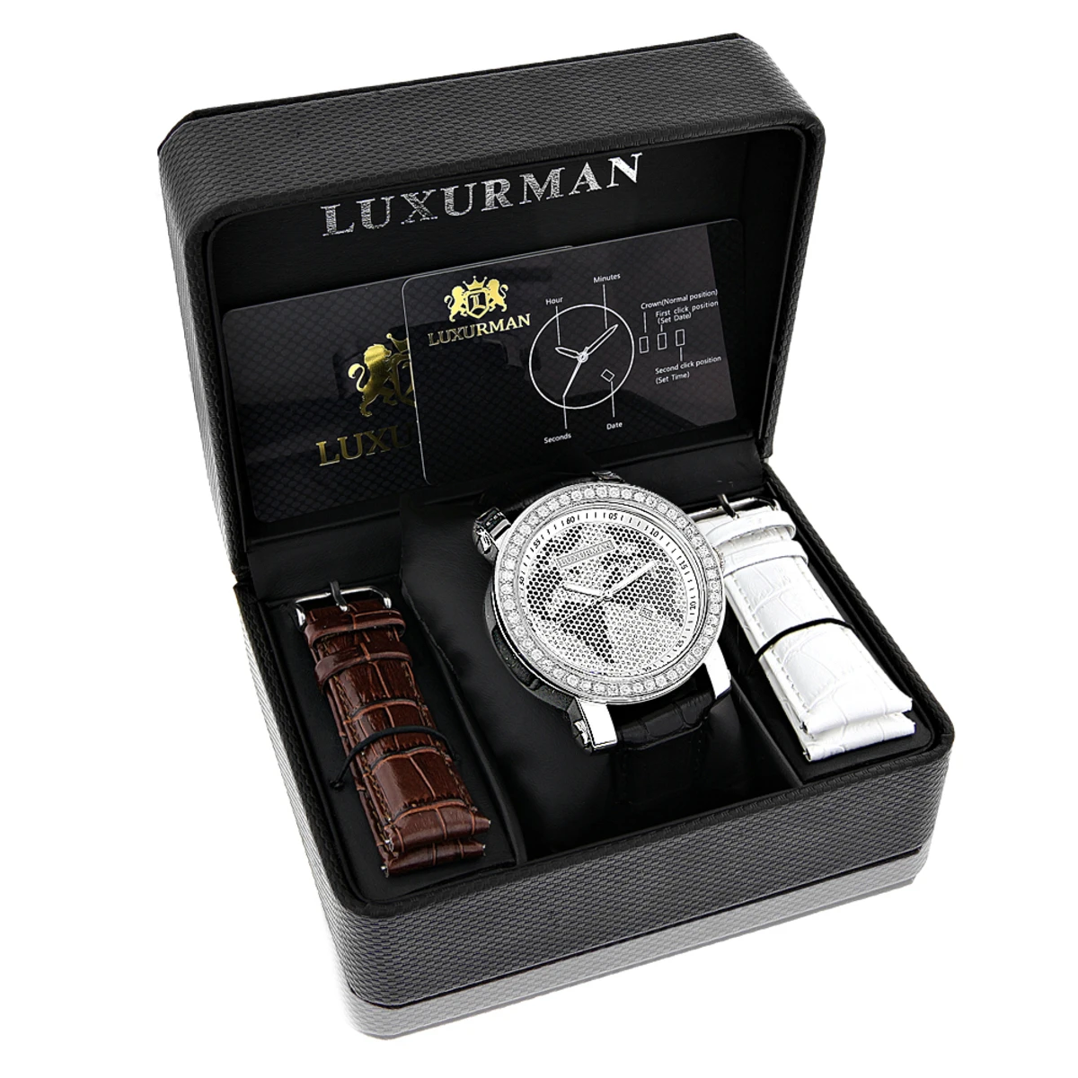 Luxurman Black&White Diamonds World Map Dial Watch With Black Leather Band 4 Luxurman Black&White Diamonds World Map Dial Watch With Black Leather Band - Image 4
