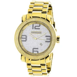 Luxurman Men's Yellow Gold Plated Encrusted Dial 0.12ct Diamond Bezel Watch