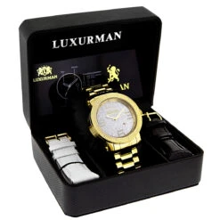 Luxurman Men's Yellow Gold Plated Encrusted Dial 0.12ct Diamond Bezel Watch -Luxurman luxurman mens diamond watch 012ct yellow p 35219box