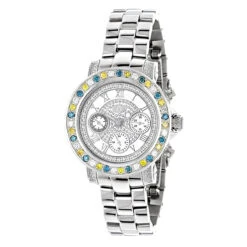 Luxurman Ladies White Yellow Blue Diamonds Watch 2.75ct
