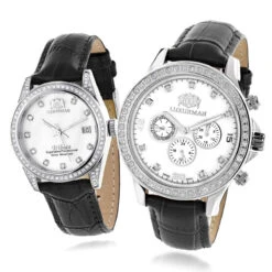Matching His And Hers Luxurman Real Diamond Watch With Leather Band White MOP