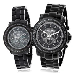 Matching His And Hers Black Diamond Watch Set By Luxurman 5.15ct