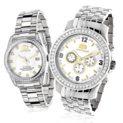 Matching His And Hers Luxurman Diamond Watch Set Gold Plated 4ct