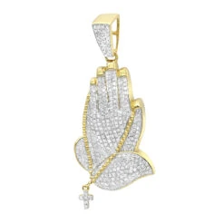 Men's 14K Yellow Gold Diamond Praying Hands Pendant With Cross 0.9ct By Luxurman