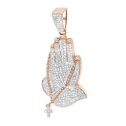 Men's 14K Yellow Gold Diamond Praying Hands Pendant With Cross 0.9ct By Luxurman -Luxurman mens 14k gold diamond praying hands pendant with cross 09ct by luxurman ro