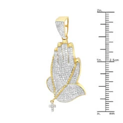 Men's 14K Yellow Gold Diamond Praying Hands Pendant With Cross 0.9ct By Luxurman -Luxurman mens 14k gold diamond praying hands pendant with cross 09ct by luxurman rulerye