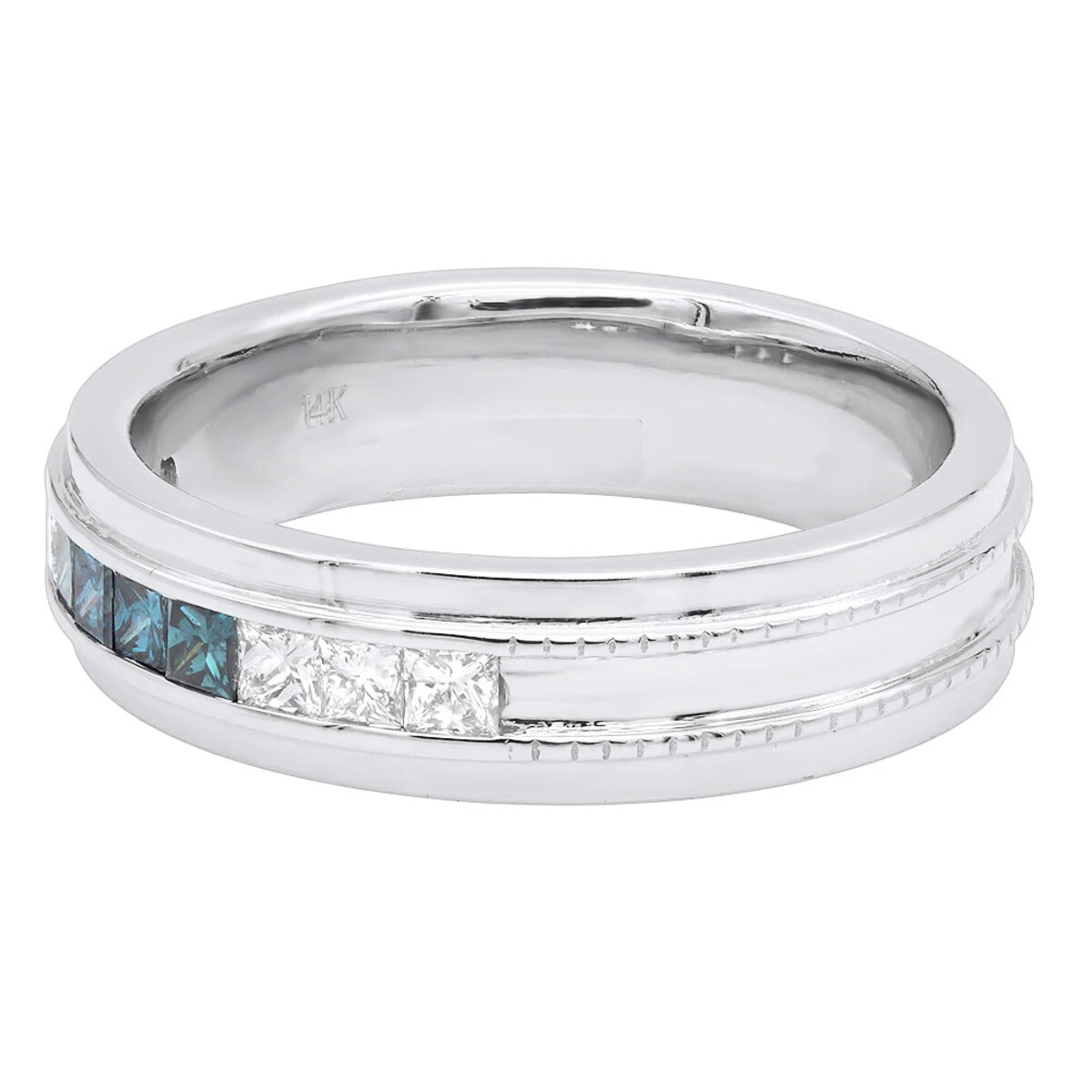 Men's 14K White Gold White Blue Diamond Wedding Band 0.98ct 4 Men's 14K White Gold White Blue Diamond Wedding Band 0.98ct - Image 4