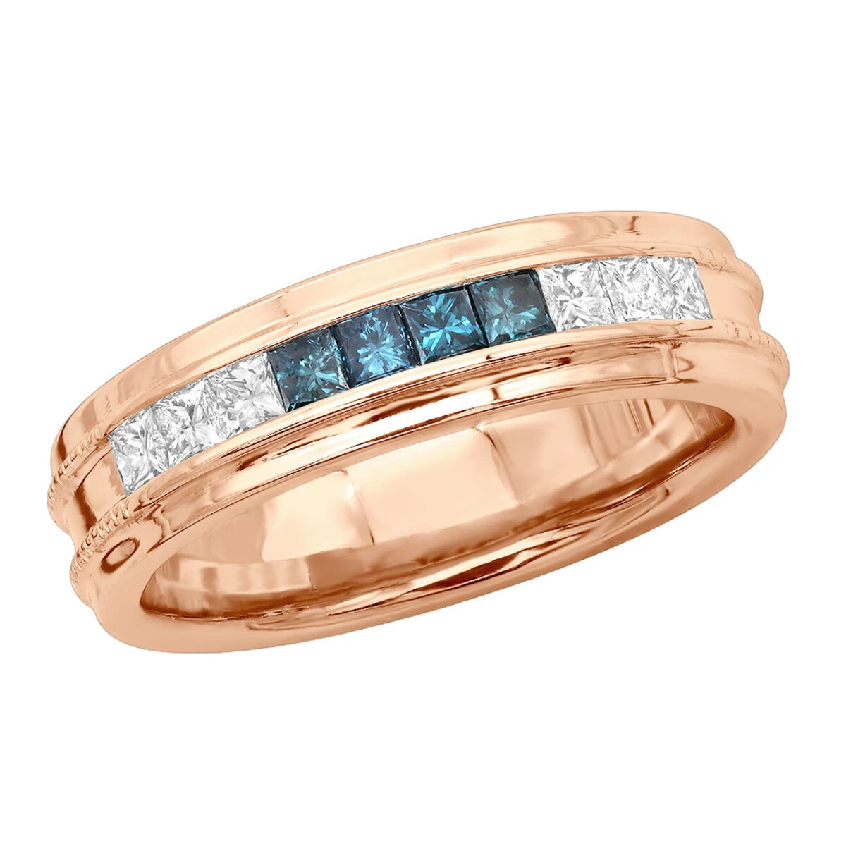 Men's 14K White Gold White Blue Diamond Wedding Band 0.98ct 3 Men's 14K White Gold White Blue Diamond Wedding Band 0.98ct - Image 3