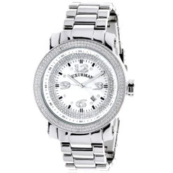 Oversized Men's Diamond Watch 0.12ct Iced Out Luxurman White MOP Face & Metal Band