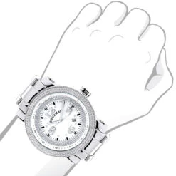 Oversized Men's Diamond Watch 0.12ct Iced Out Luxurman White MOP Face & Metal Band -Luxurman mens diamond watch 012 ct iced out luxurman p 35230bod