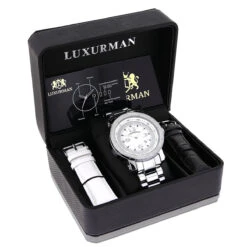 Oversized Men's Diamond Watch 0.12ct Iced Out Luxurman White MOP Face & Metal Band -Luxurman mens diamond watch 012 ct iced out luxurman p 35230box