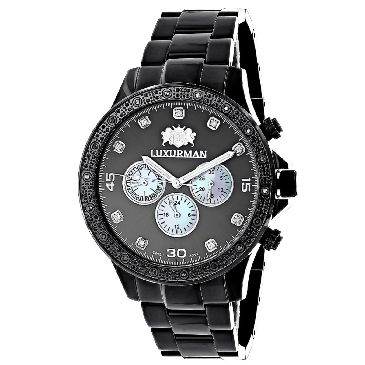 Midsize Men's Black Diamond Watch By Luxurman 0.25ct 1 Midsize Men's Black Diamond Watch By Luxurman 0.25ct
