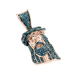 Mini Diamond Jesus Head Pendant 10K Yellow Gold 1/2 Carat Blue Diamonds -Luxurman mini diamond jesus head pendant solid 10k gold 1 2 carat blue diamonds rose