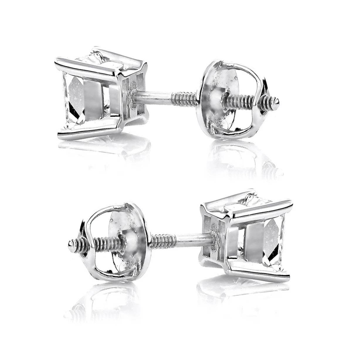 One Carat Platinum Solitaire Princess Cut Diamond Stud Earrings 2 One Carat Platinum Solitaire Princess Cut Diamond Stud Earrings - Image 2