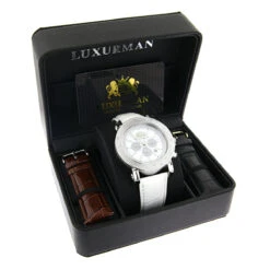 Oversized Men's Diamond Watch Leather Band W White Mop Luxurman Escalade -Luxurman oversized mens diamond watch 025ct white mop luxurman escalade chronograph 2 box