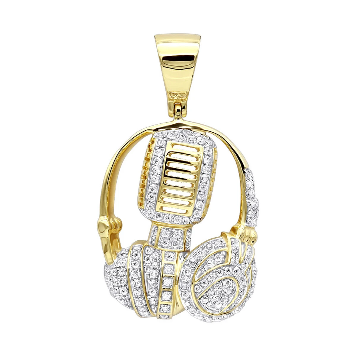 10K Yellow Gold Genuine Diamond Microphone & Headphones Pendant 1ct DJ Charm 1 10K Yellow Gold Genuine Diamond Microphone & Headphones Pendant 1ct DJ Charm