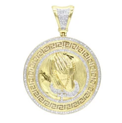 14K Yellow Gold Praying Hands With Rosary Diamond Pendant Medallion 1ct