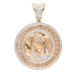 14K Yellow Gold Praying Hands With Rosary Diamond Pendant Medallion 1ct -Luxurman real 14k gold praying hands with rosary diamond pendant medallion 1ct ro