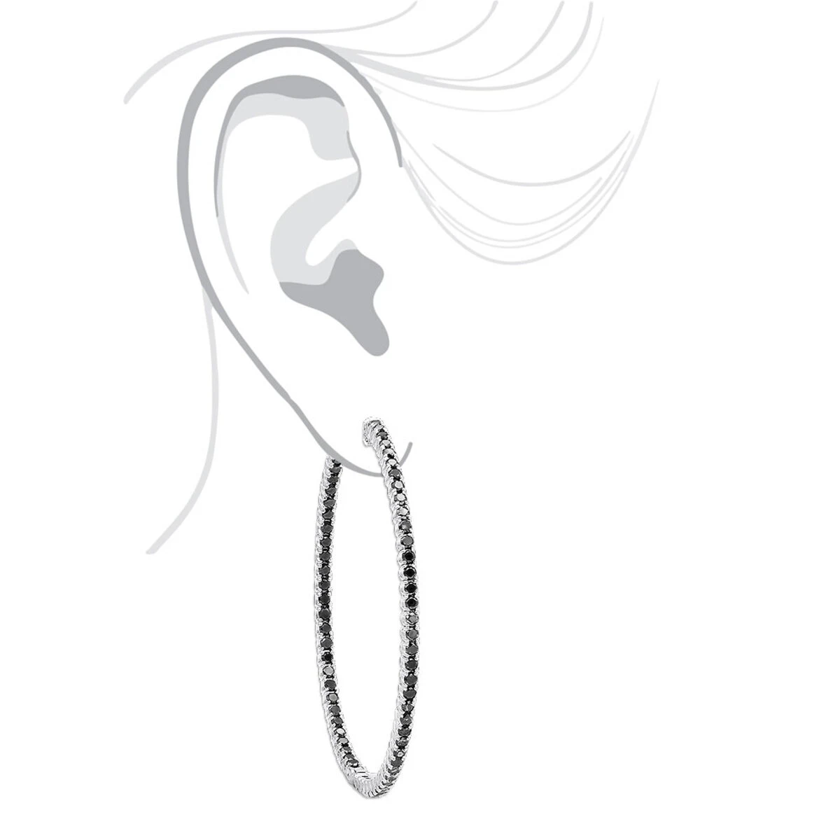 Real 3 Carat Black Diamond 2 Inch Hoop Earrings Inside Out Design 14K White Gold 7 Real 3 Carat Black Diamond 2 Inch Hoop Earrings Inside Out Design 14K White Gold - Image 7