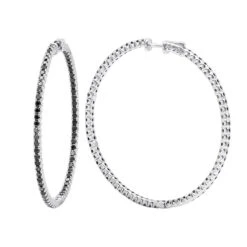 Real 3 Carat Black Diamond 2 Inch Hoop Earrings Inside Out Design 14K White Gold