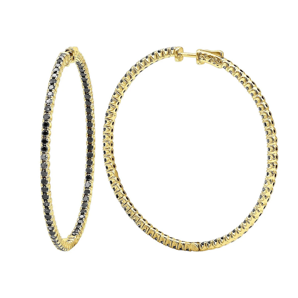 Real 3 Carat Black Diamond 2 Inch Hoop Earrings Inside Out Design 14K White Gold 2 Real 3 Carat Black Diamond 2 Inch Hoop Earrings Inside Out Design 14K White Gold - Image 2