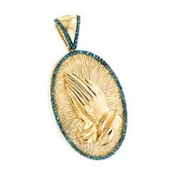 10K Yellow Gold Blue Diamond Praying Hands Pendant 0.36ct