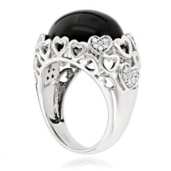 Right Hand Diamond Fashion Luxurman Onyx And Hearts Ring 14K White Gold -Luxurman right hand diamond fashion rings luxurman onyx and hearts ring 14k gold backwh