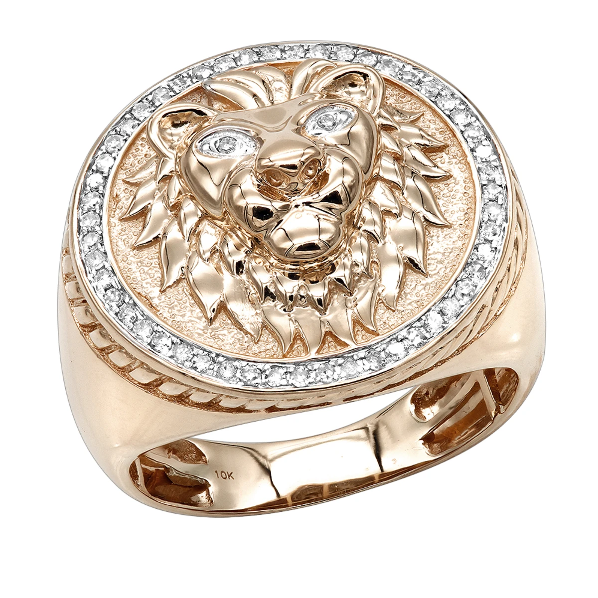 Solid 10K Yellow Gold Lion Head Diamond Pinky Ring For Men 0.3ct Luxurman 3 Solid 10K Yellow Gold Lion Head Diamond Pinky Ring For Men 0.3ct Luxurman - Image 3