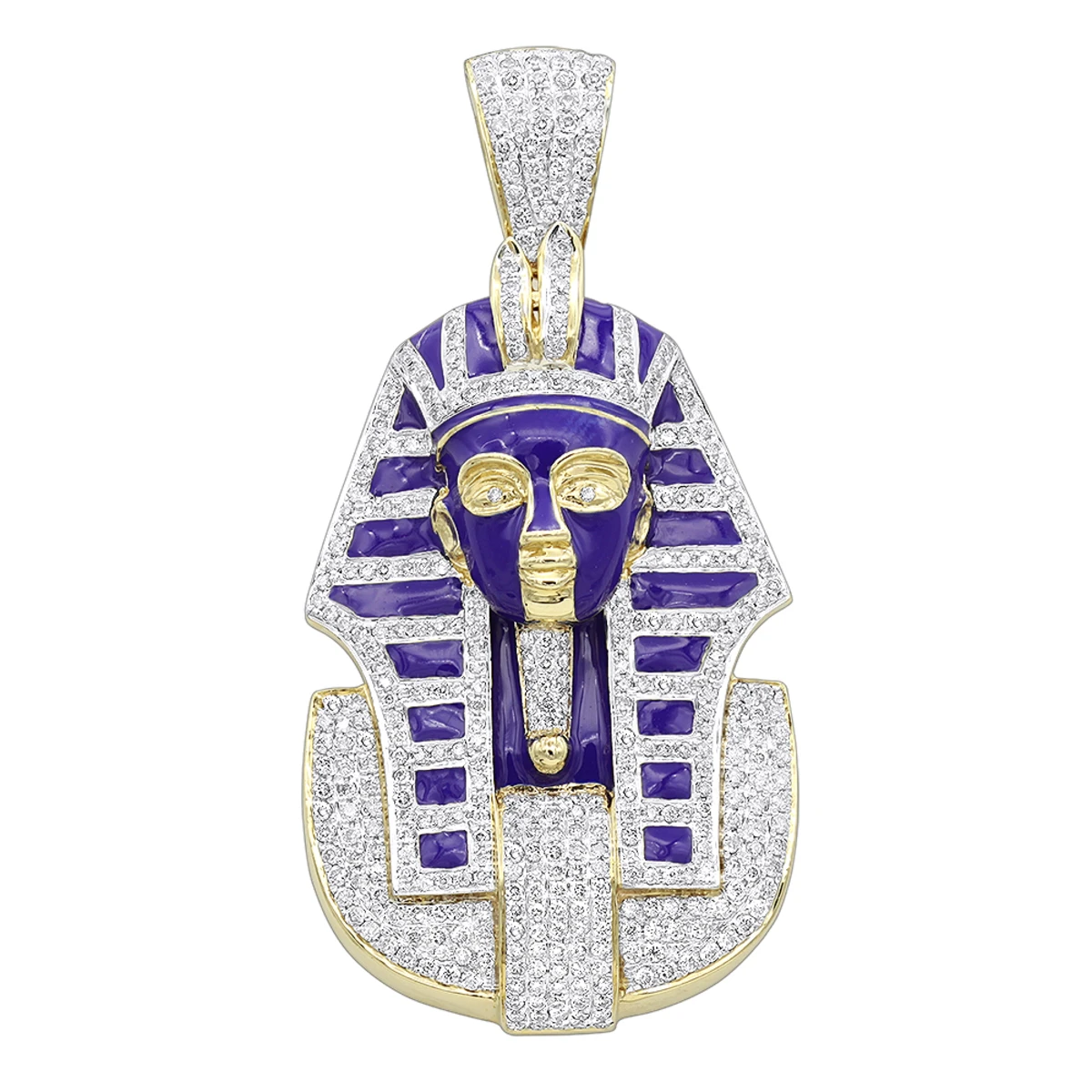 14K Yellow Gold Egyptian Pharaoh Head Enamel Diamond Pendant For Men 2.38ct