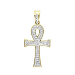 14K Yellow Gold Mini Diamond Egyptian Ankh Cross Pendant For Women 0.2ct