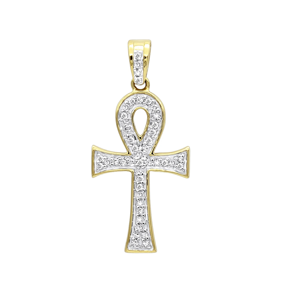 14K Yellow Gold Mini Diamond Egyptian Ankh Cross Pendant For Women 0.2ct 1 14K Yellow Gold Mini Diamond Egyptian Ankh Cross Pendant For Women 0.2ct