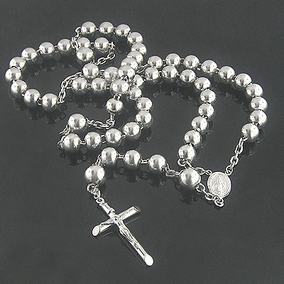 Solid 14K White Gold Rosary Beads Necklace 21in Long 9mm Wide 1 Solid 14K White Gold Rosary Beads Necklace 21in Long 9mm Wide