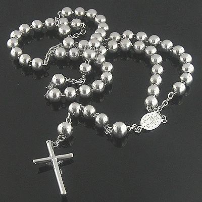 Solid 14K White Gold Rosary Beads Necklace 21in Long 9mm Wide 2 Solid 14K White Gold Rosary Beads Necklace 21in Long 9mm Wide - Image 2