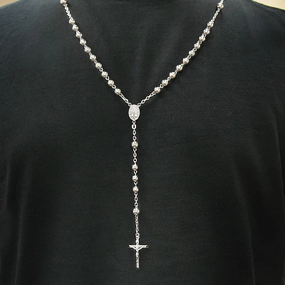 Solid 14K White Gold Rosary Beads Necklace 21in Long 9mm Wide 3 Solid 14K White Gold Rosary Beads Necklace 21in Long 9mm Wide - Image 3