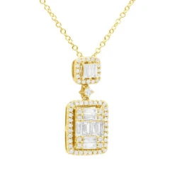 Unique 14K Yellow Gold 1 Carat Round And Baguette Diamond Pendant Necklace For Women