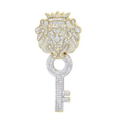 Unique 10K Yellow Gold Diamond King Lion Head Pendant With Key For Men 1 Carat