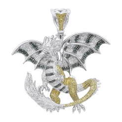 Unique 14K White Gold White Yellow Blue Diamond Dragon Pendant For Men 4.25ct