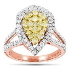 Unique 14K White Gold White Yellow Diamond Pear Shape Cluster Ring For Women 1.5c -Luxurman unique 14k gold white yellow diamond pear shape cluster ring for women 15c ro