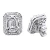 Unique 18K White Gold Emerald Cut Diamond Stud Earrings Halo Design 2.5ct