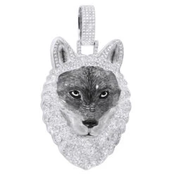 Diamond Wolf Pendant For Men 10K White Gold W Enamel 2ct Iced Out Design